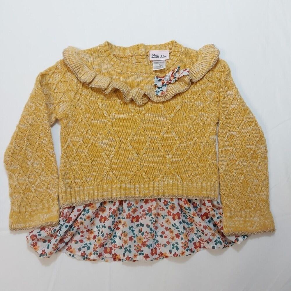 Little Lass | Girls Yellow Gold Knit Bow Ruffles Floral Chiffon Trim Sweater 4T